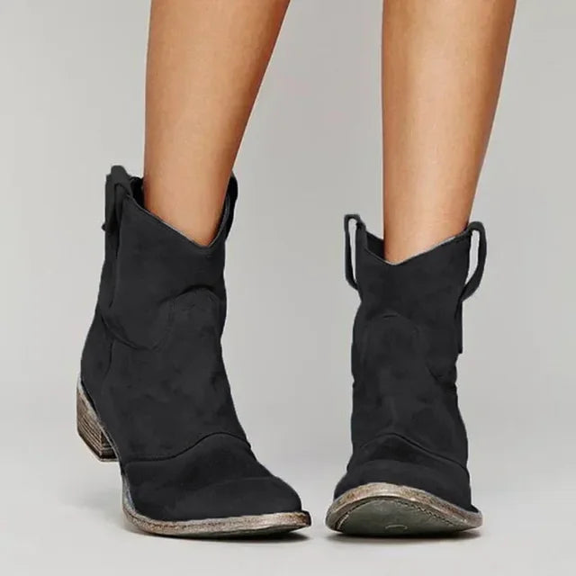 Vintage style women's ankle boots in brown suede with a low heel.