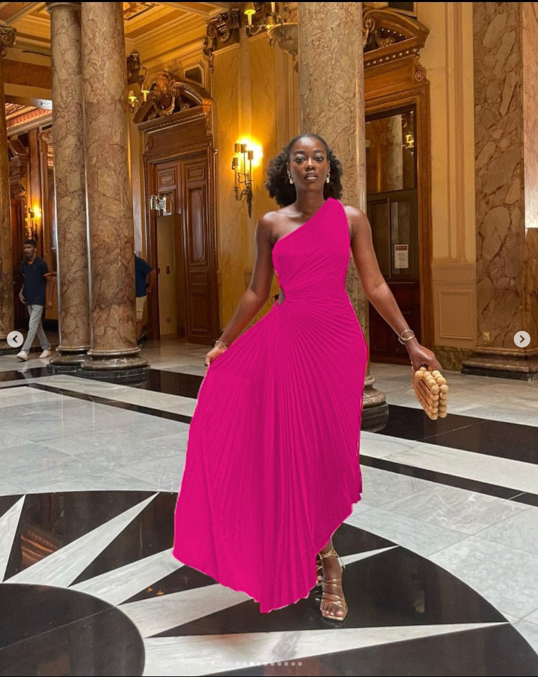 Women's Evening Gown - One-Shoulder Asymmetrical Design - Pleated Full-Length Elegant Dress