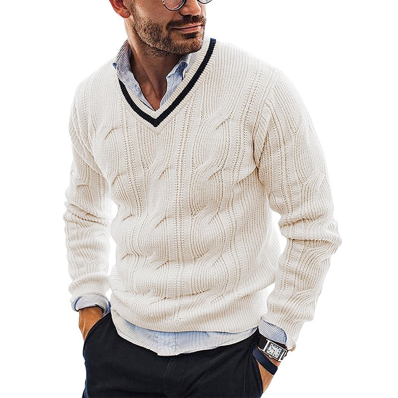 Men’s V-Neck Sweater – Knitted Wool Blend – Regular Fit – Cable Knit Pullover