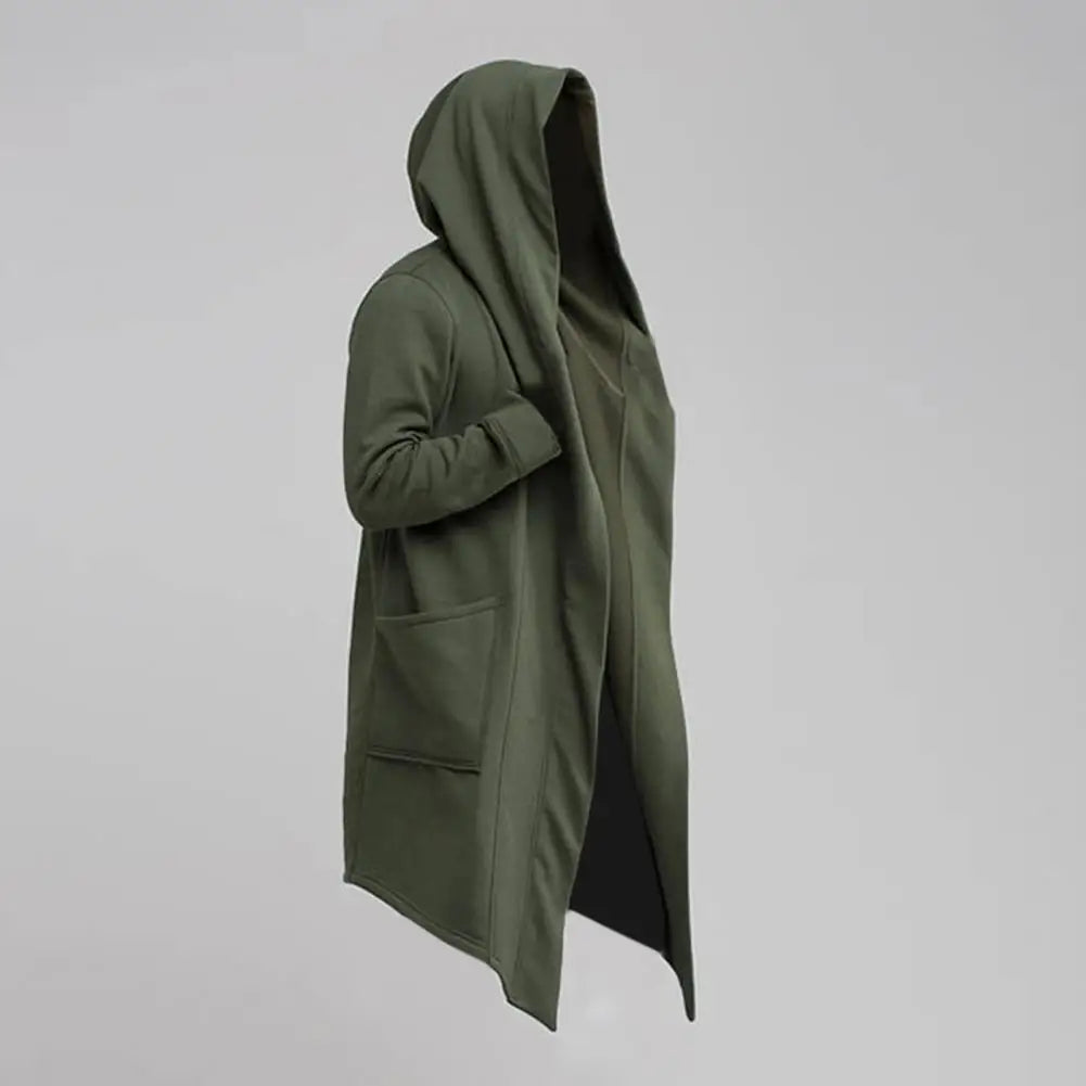 Men’s Hooded Cardigan – Relaxed Draped Fit – Knit Fabric – Asymmetrical Hem – Open Front