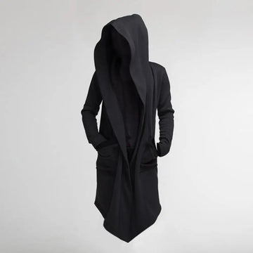 Men’s Hooded Cardigan – Relaxed Draped Fit – Knit Fabric – Asymmetrical Hem – Open Front