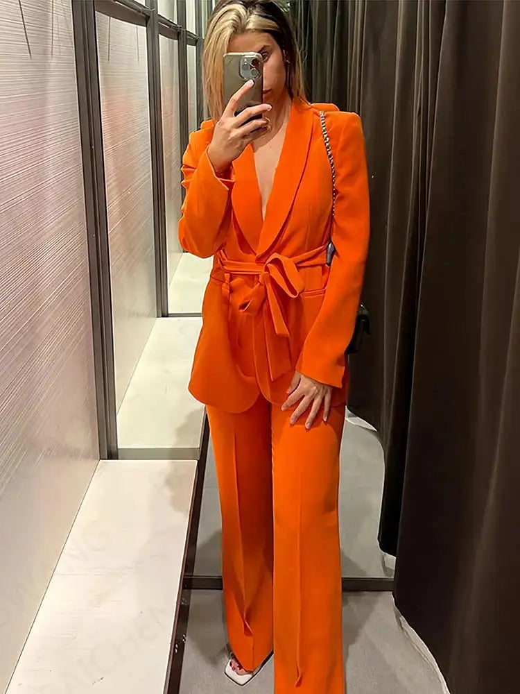 Women's Elegant Blazer Set – Shawl Lapel Jacket & Wide-Leg Pants