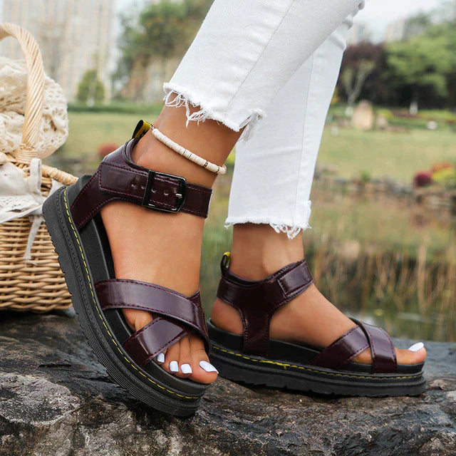Women's Sandals - Cushioned Sole - Adjustable Buckle Strap - Breathable Crisscross Design