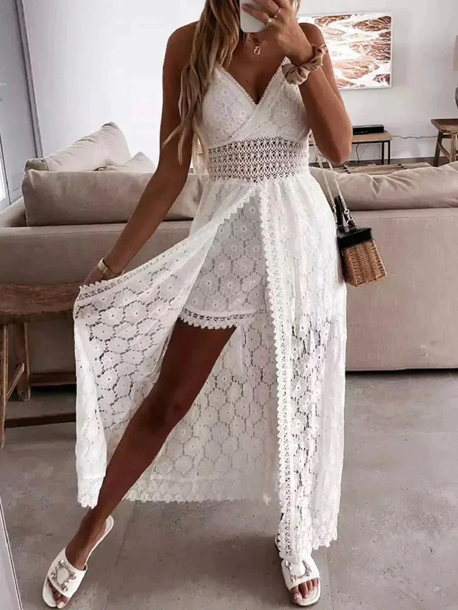Summer Lace V-Neck Sleeveless Jumpsuit with High Waist Shorts – Elegant & Lightweight