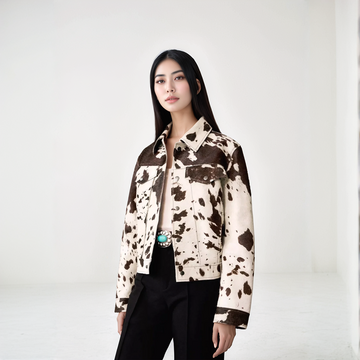 Women’s Jacket – Single-Breasted Structured Fit – Cow Print Statement Layering Piece