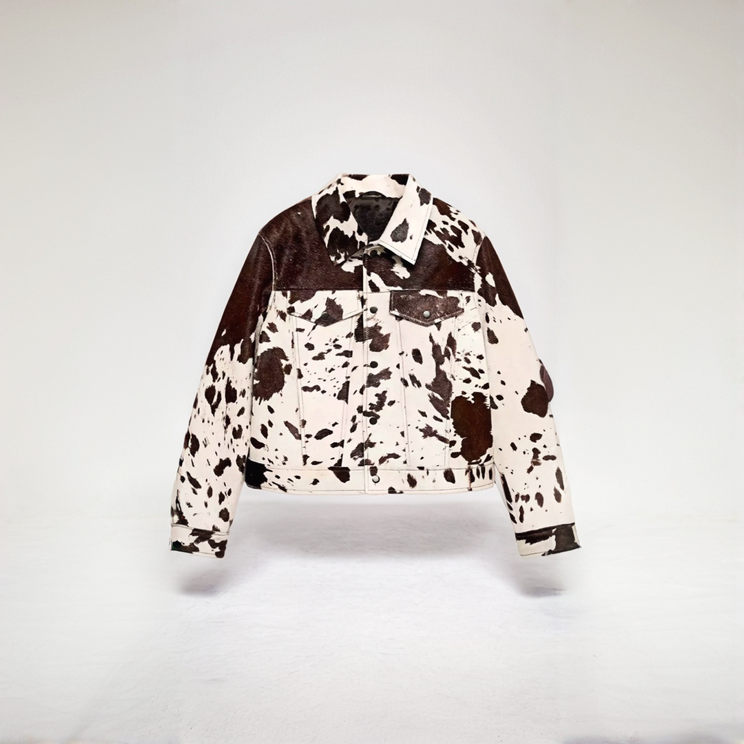 Women’s Jacket – Single-Breasted Structured Fit – Cow Print Statement Layering Piece
