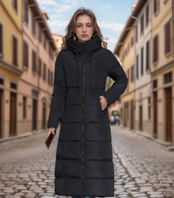 Women's Long Puffer Coat - Quilted Insulated Design - High Collar - Full Zip
