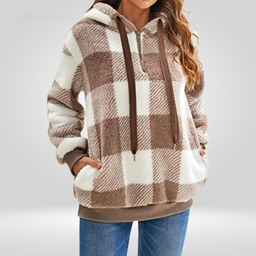 Women’s Hooded Sweater – Soft Knit – Relaxed Fit – Half Zip – Plaid Pattern – Pockets