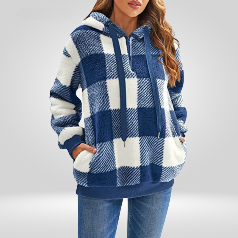 Women’s Hooded Sweater – Soft Knit – Relaxed Fit – Half Zip – Plaid Pattern – Pockets