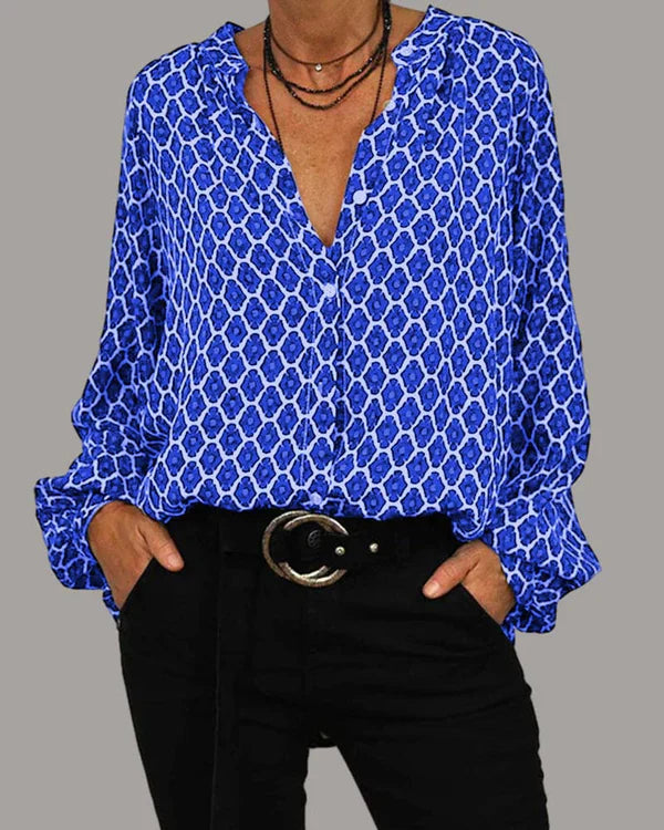 Women's Blouse - V-Neck Button-Down - Long Sleeve Loose Fit - Geometric Pattern