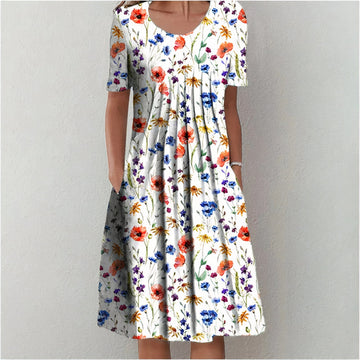Women's Midi Dress - Floral Print - A-Line Fit - Short Sleeve - Round Neck - With Pockets
