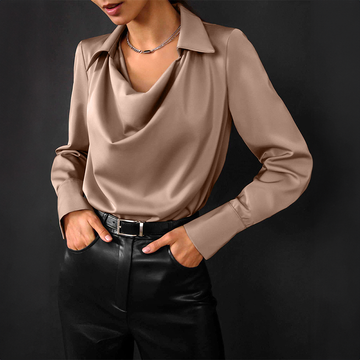 Women's Silk Blouse - Draped Neckline - Long Sleeve - Elegant & Lightweight