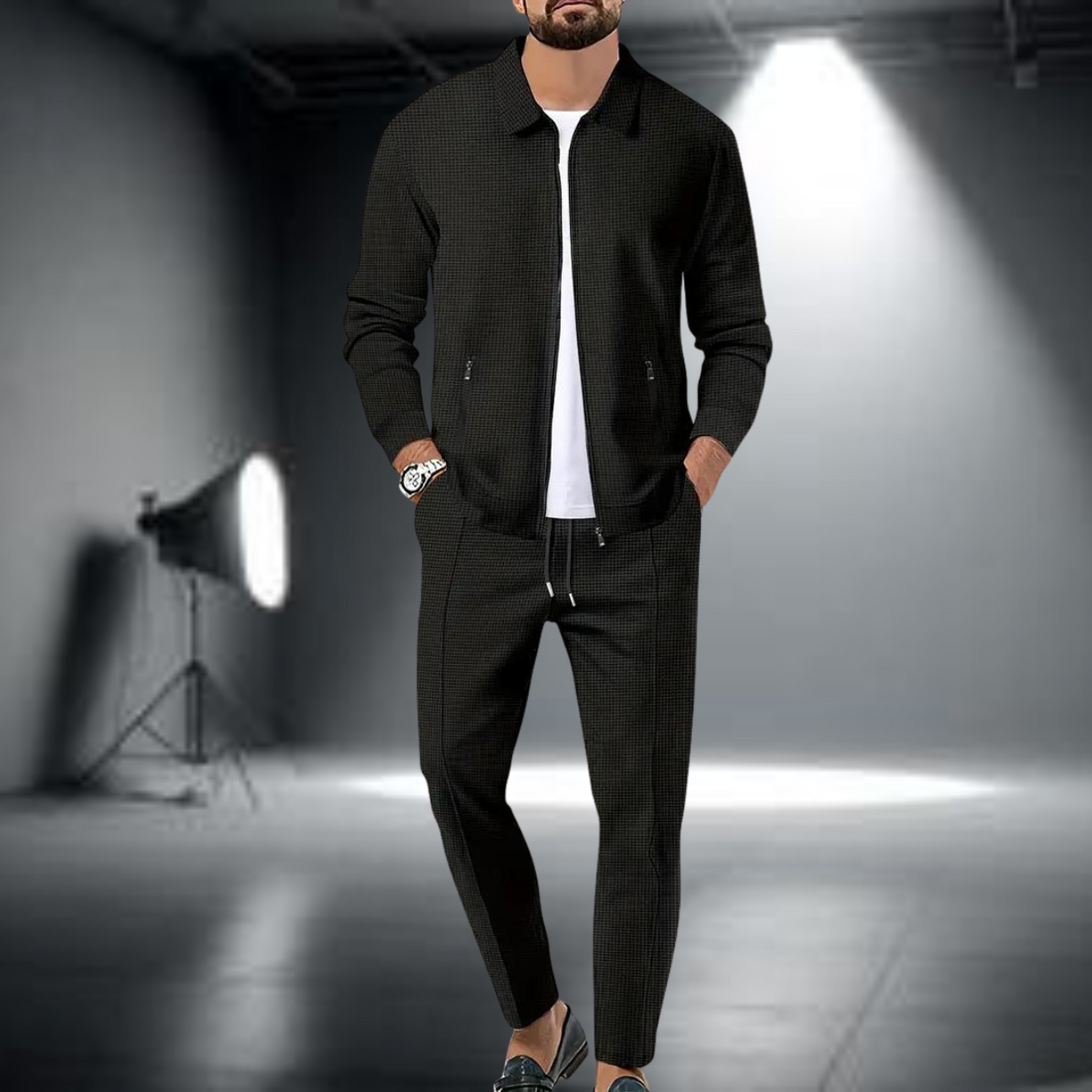 Men’s Bomber Jacket & Trouser Set - Slim Fit - Textured Fabric - Zip Pockets