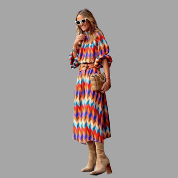 Women's Midi Dress - Geometric Pattern - Long Sleeve - Belted Waist - Flowy Lightweight