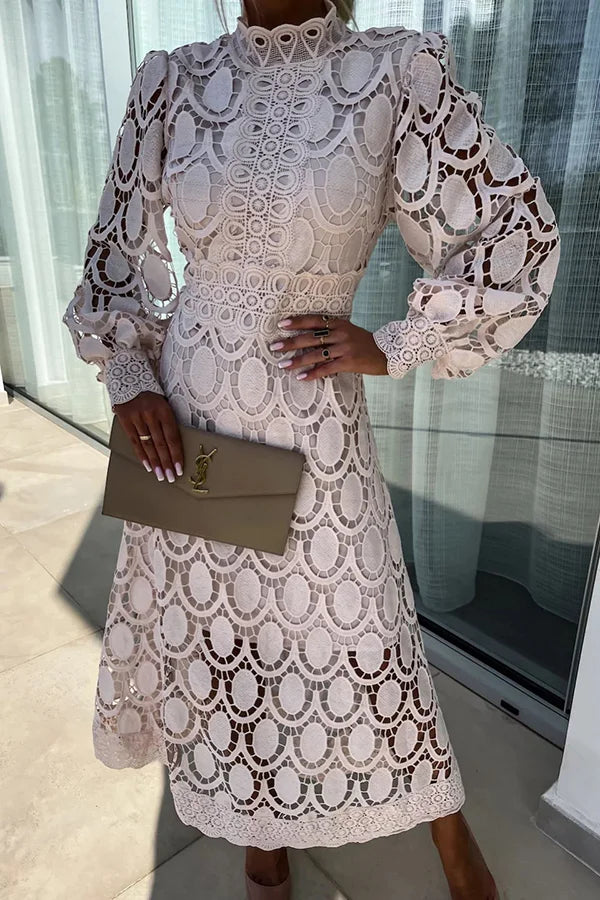Women's Lace Midi Dress - High Neck - Long Puff Sleeves - Elegant A-Line Fit