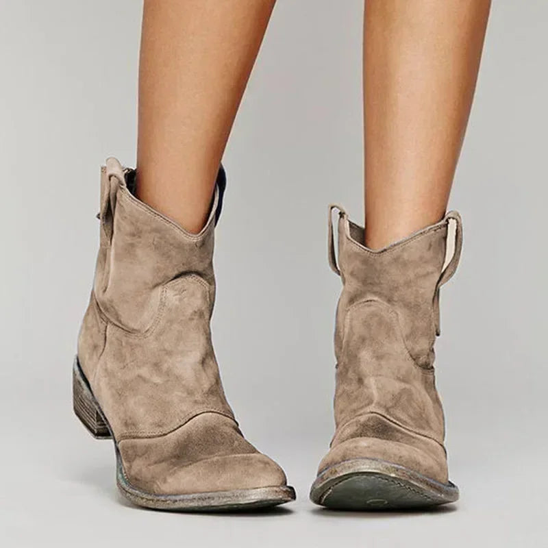 Vintage style women's ankle boots in brown suede with a low heel.