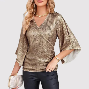 Women’s Blouse – Glitter Finish – V-Neck – Flutter Sleeve – Wrap Front – Tailored Fit