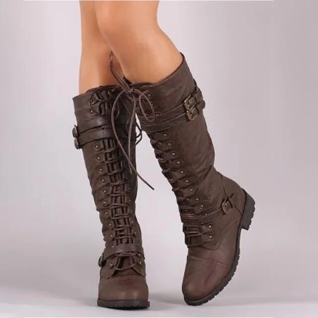 Women’s Knee-High Boots – Lace-Up Front – Buckle Detail – Leather Look – Rugged Sole