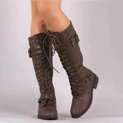 Retro Steampunk Knee-High Boots | Lace-Up, Buckle Detail, PU Leather for Fall & Winter
