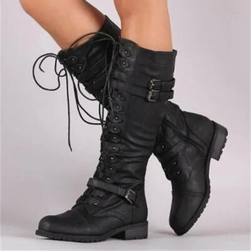 Women’s Knee-High Boots – Lace-Up Front – Buckle Detail – Leather Look – Rugged Sole