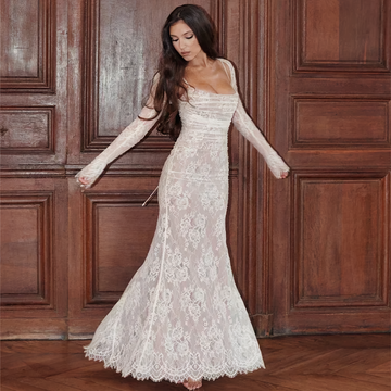 Women's Lace Maxi Dress - Elegant Long Sleeve - Square Neck Formal Evening Gown