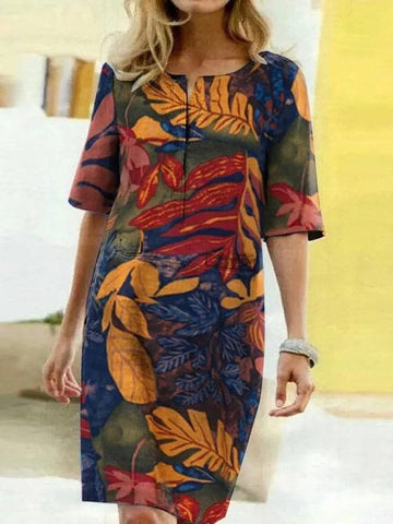Women’s Knee-Length Dress – Relaxed Fit – Half Sleeve – Natural Fibers – Leaf Print