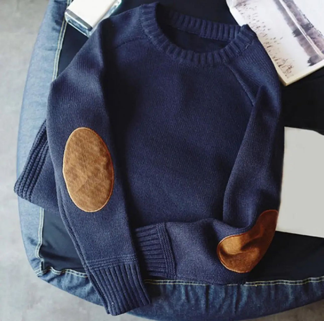 Men’s Pullover Jumper – Regular Fit – Wool Blend Knit – Elbow Patches – Ribbed Trim