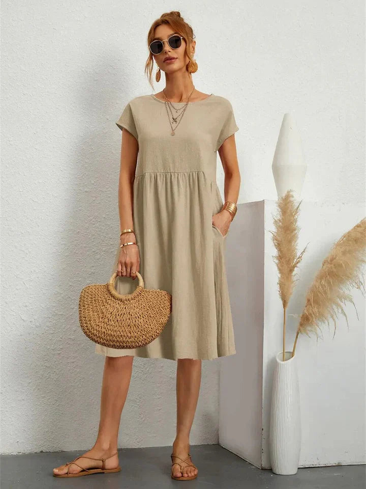 Women's Midi Dress - A-Line Silhouette - Short Sleeve - Round Neck - Lightweight Fabric