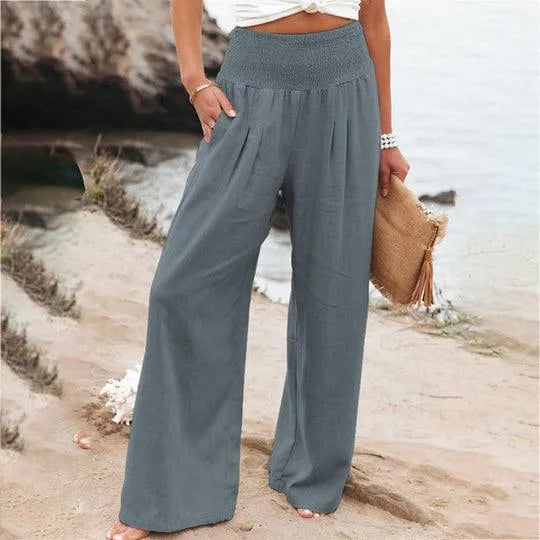 Women’s Wide-Leg Pants - High Waist - Elastic Waistband - Lightweight Linen Blend