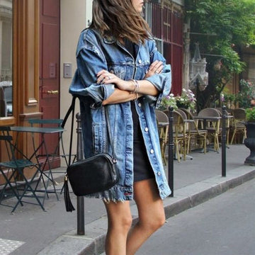 Women’s Oversized Jacket – Denim Look – Button-Down – Mid-Thigh Length – Flap Pockets