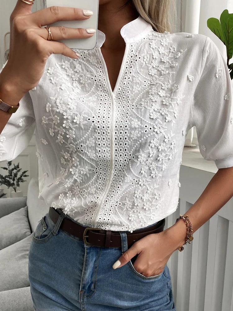 Floral Embroidered Lace Blouse - Chic V-Neck Short Sleeve Top for Summer Elegance