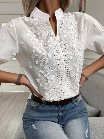Floral Embroidered Lace Blouse - Chic V-Neck Short Sleeve Top for Summer Elegance