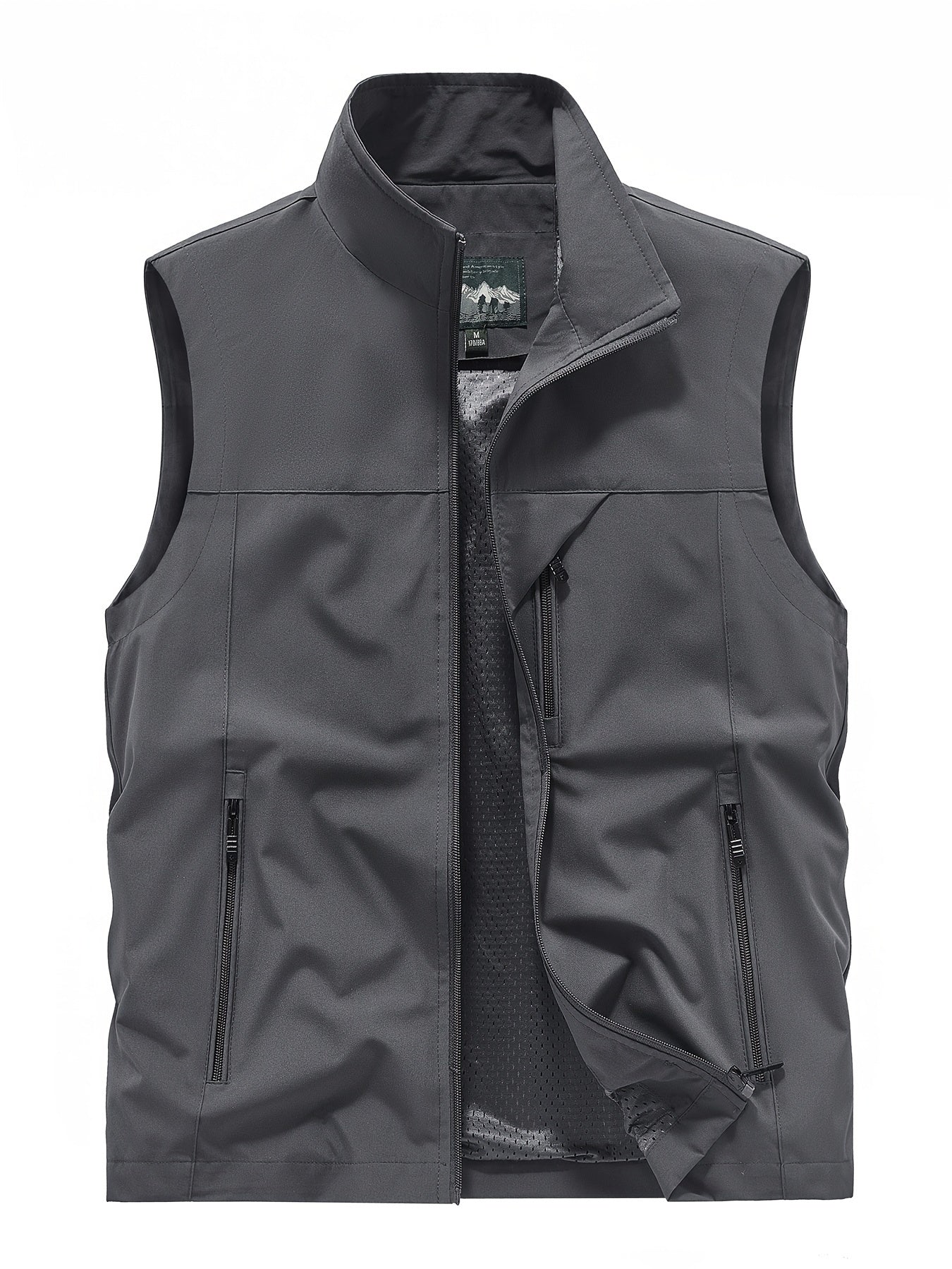 Man wearing active zip-up stand collar vest for running or gym, showcasing the slim fit and design.