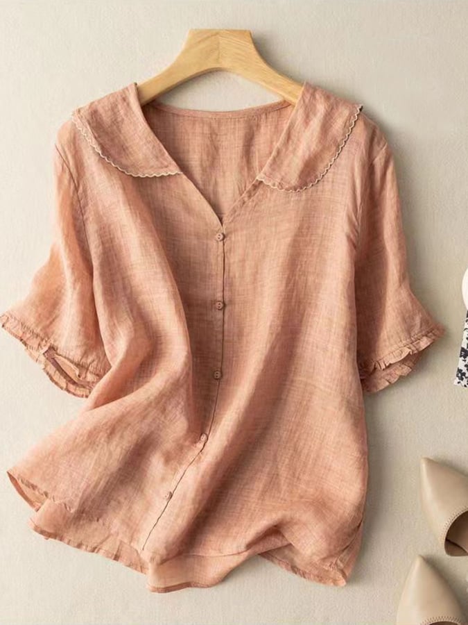 Women’s Short Sleeve Shirt – Relaxed Fit – Doll Collar – Breathable Natural Fibres