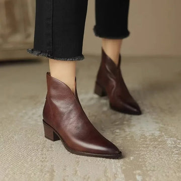 Women's Ankle Boots - Genuine Leather - Pointed Toe - Mid Block Heel - Elegant Fit