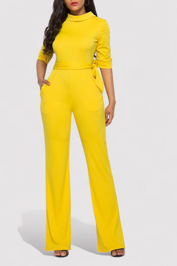 Women’s Jumpsuit – Stretch Fabric – Wide Leg – Belted Waist – 3/4 Sleeve – Pockets