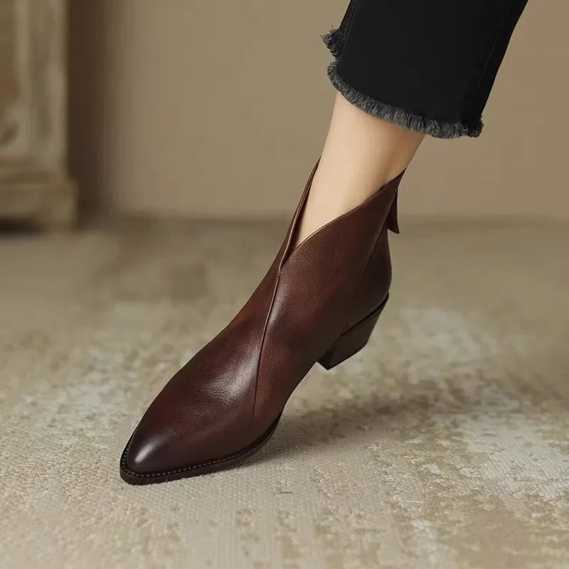 Women's Ankle Boots - Genuine Leather - Pointed Toe - Mid Block Heel - Elegant Fit