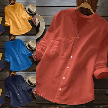 Women’s Blouse – Linen Cotton Blend – Relaxed Fit – Mandarin Collar – Button Front