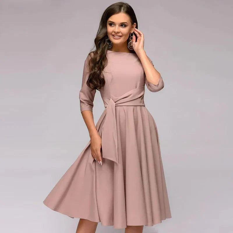 Women's Midi Dress - A-Line Silhouette - 3/4 Sleeve - Tie Waist - Bateau Neck