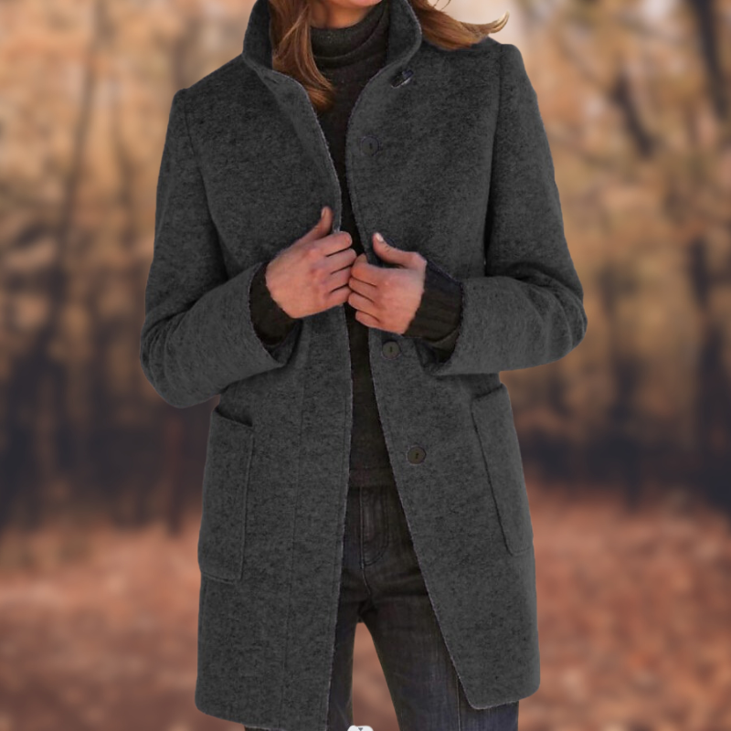 Women’s Coat – Wool Blend – Mid-Length Tailored Fit – Button Down with Pockets