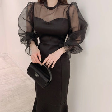 Women's Elegant Cocktail Dress - Sheer Long Sleeves - Mermaid Skirt - Sophisticated Silhouette