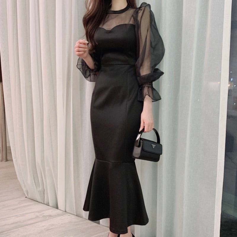 Women's Elegant Cocktail Dress - Sheer Long Sleeves - Mermaid Skirt - Sophisticated Silhouette