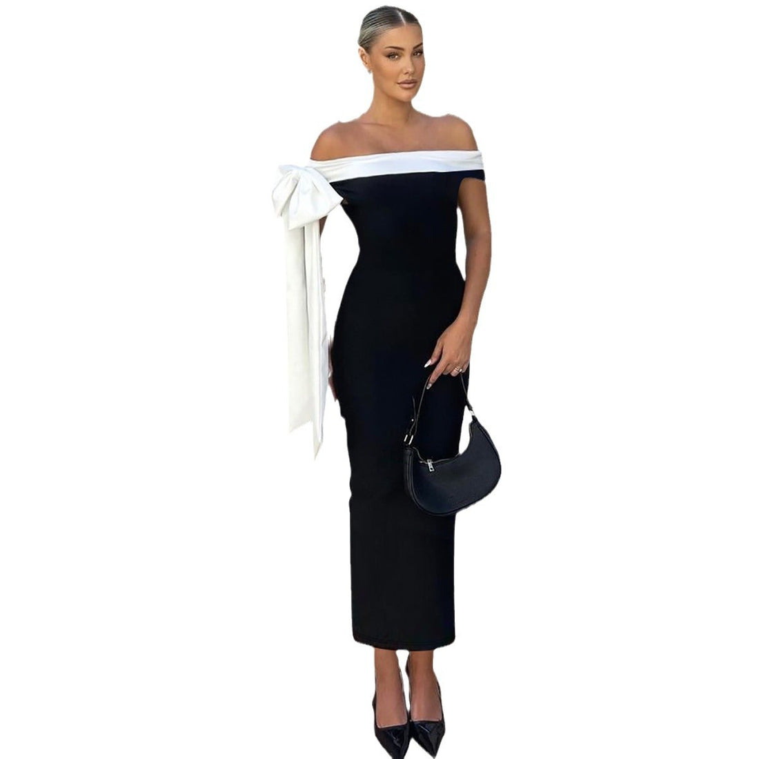 Elegant Off-Shoulder Midi Dress with Oversized Bow Accent