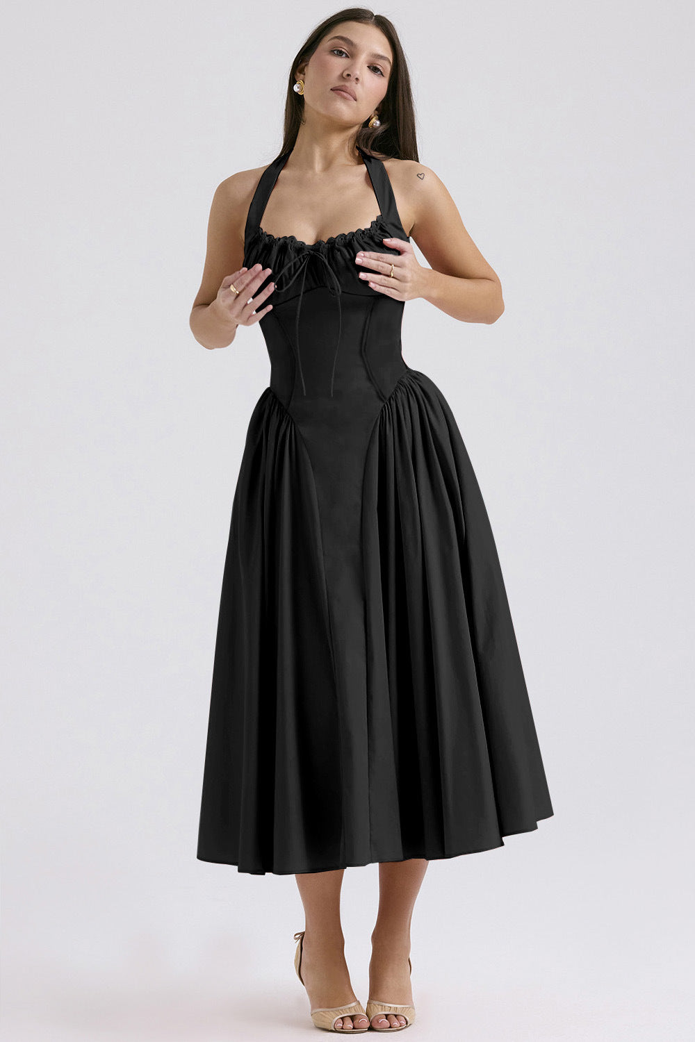 Women's Halter Corset Dress - Ruched Bodice - Full Skirt - Elegant Style