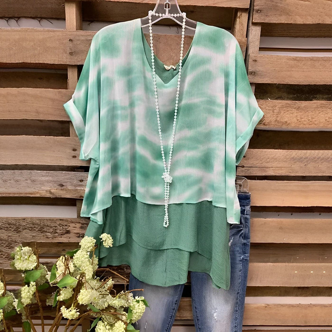 Women’s Blouse – Loose Fit – Layered Design – Short Sleeve – V-Neck – Breathable Blend