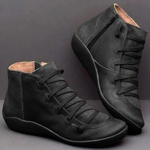 Women’s Ankle Boots - Leather - Lace-Up with Side Zip - Snug Fit - Elevated Sole