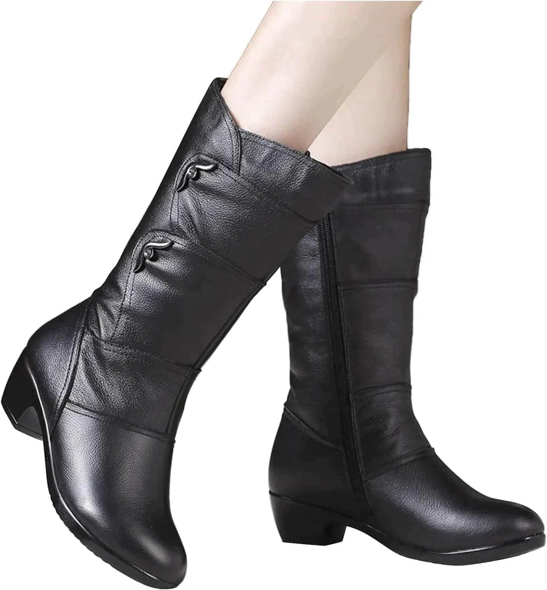 Women’s Mid-Calf Boots – Leather-Like Finish – Side Zip – Low Heel – Fitted Silhouette