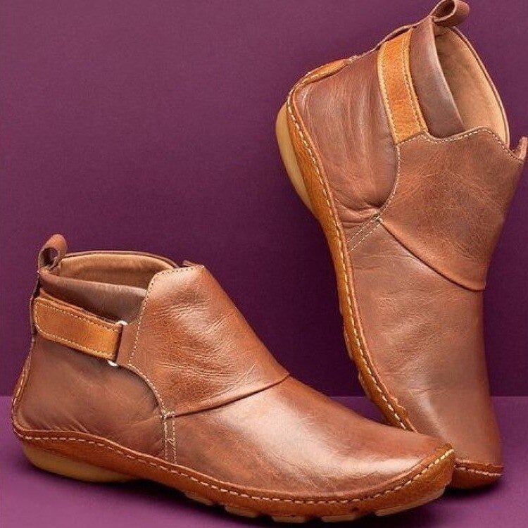 Women’s Flat Booties – Leather – Velcro Strap – Ankle-Length – Comfortable Fit