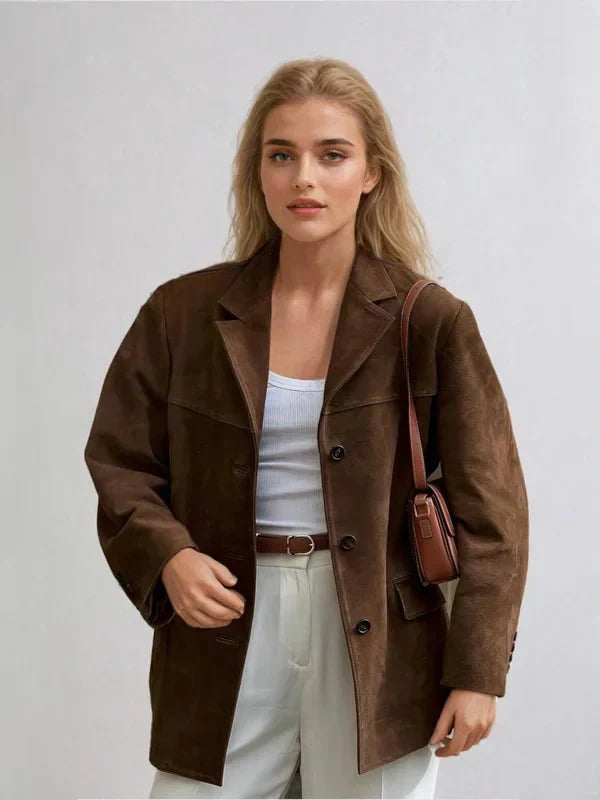 Brown suede buttoned jacket for women. A stylish & sophisticated autumn wardrobe essential.