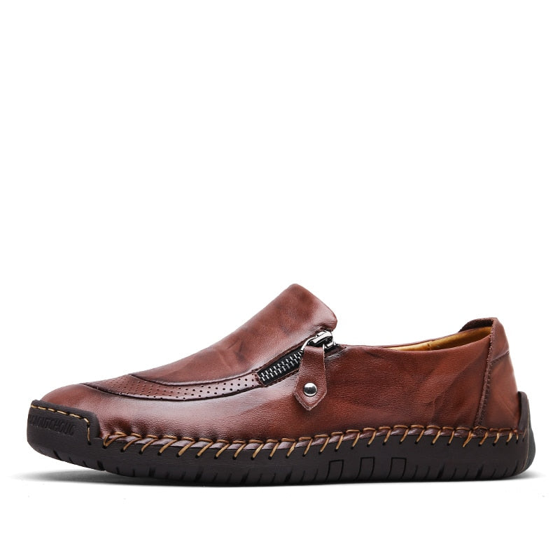 Men’s Leather Moccasins – Slip-On Zipper Design – Perforated Toe – Hand-Stitched